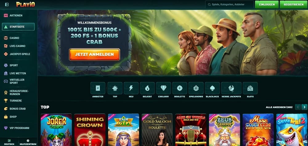 PlayIO Online Casino ohne LUGAS mit dem Angebot '100% bis zu 500€ + 200 Freispiele + 1 Bonus Crab' und beliebten Slot-Spielen.